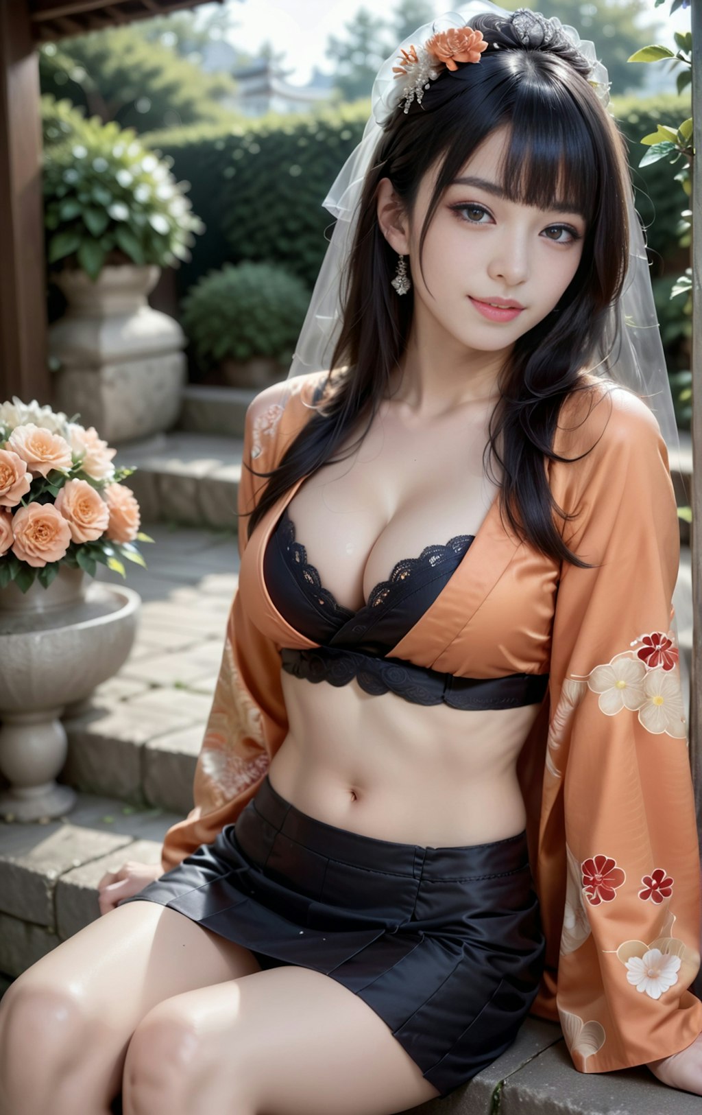 オレンジの着物美女