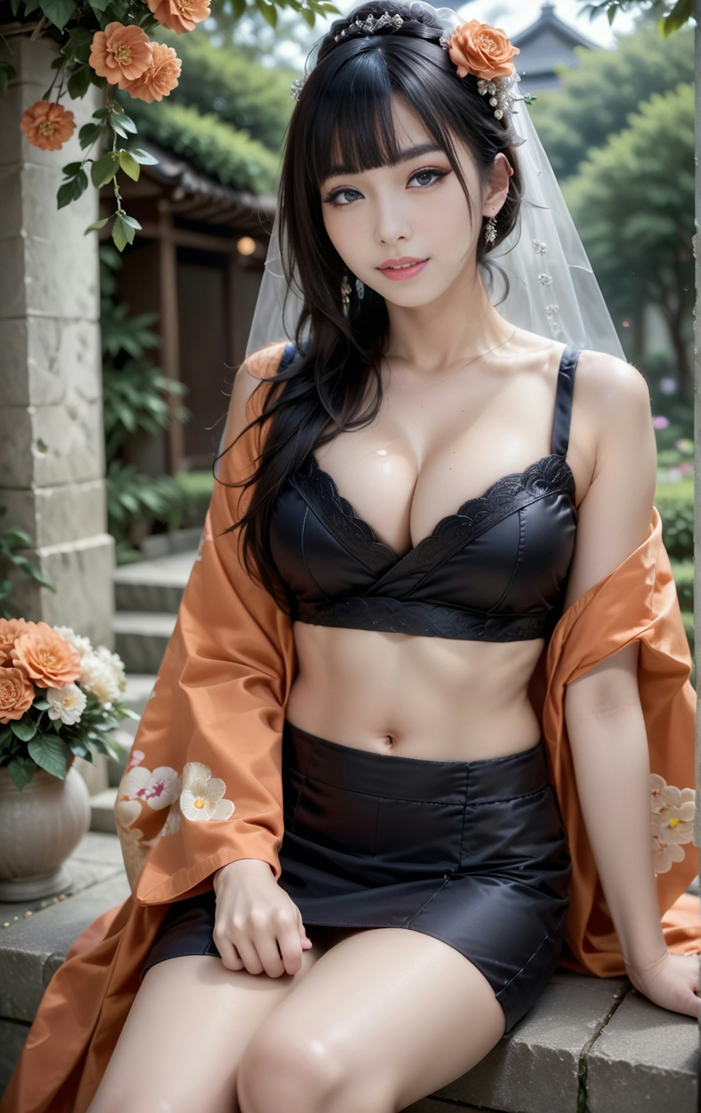 オレンジの着物美女
