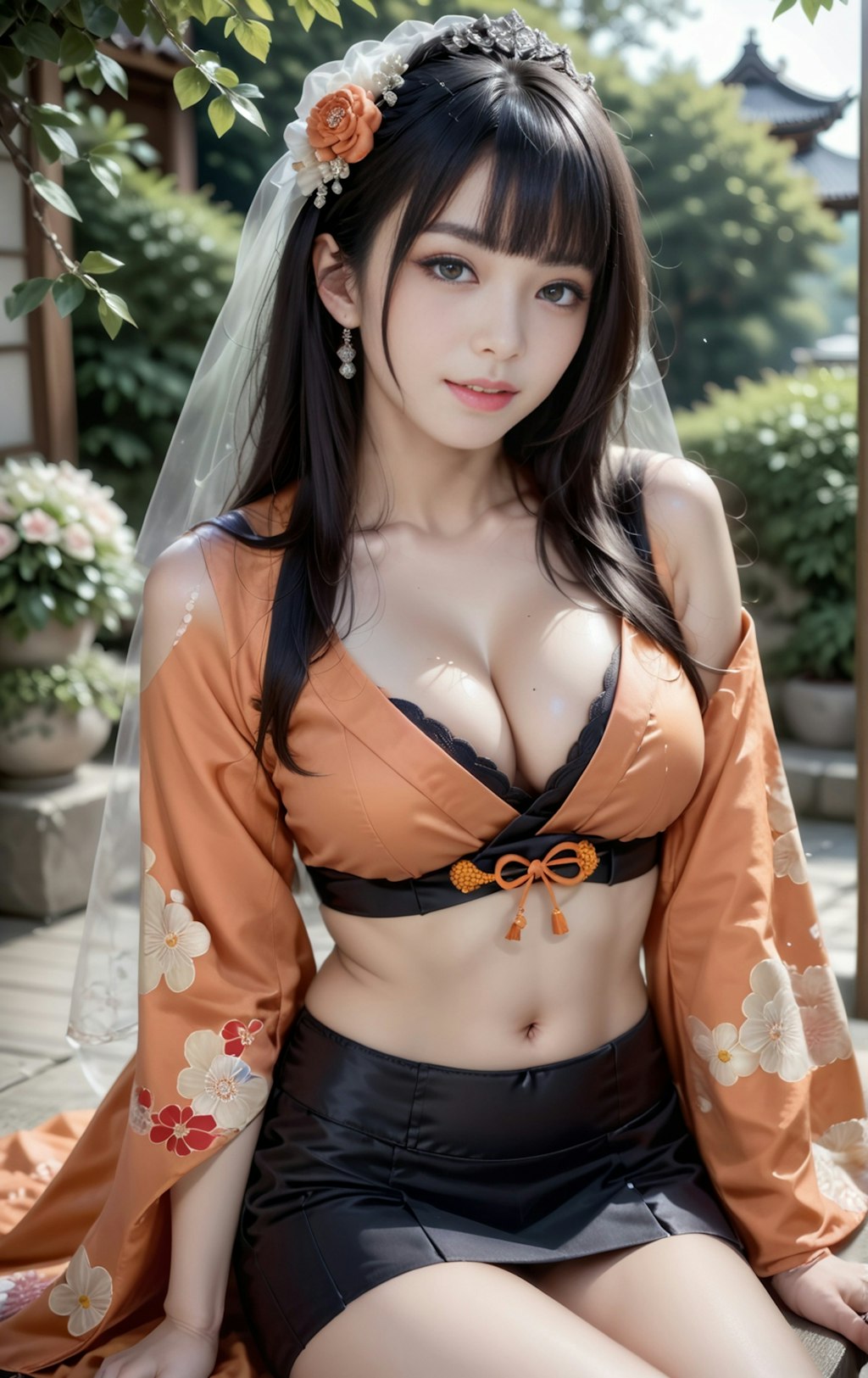 オレンジの着物美女