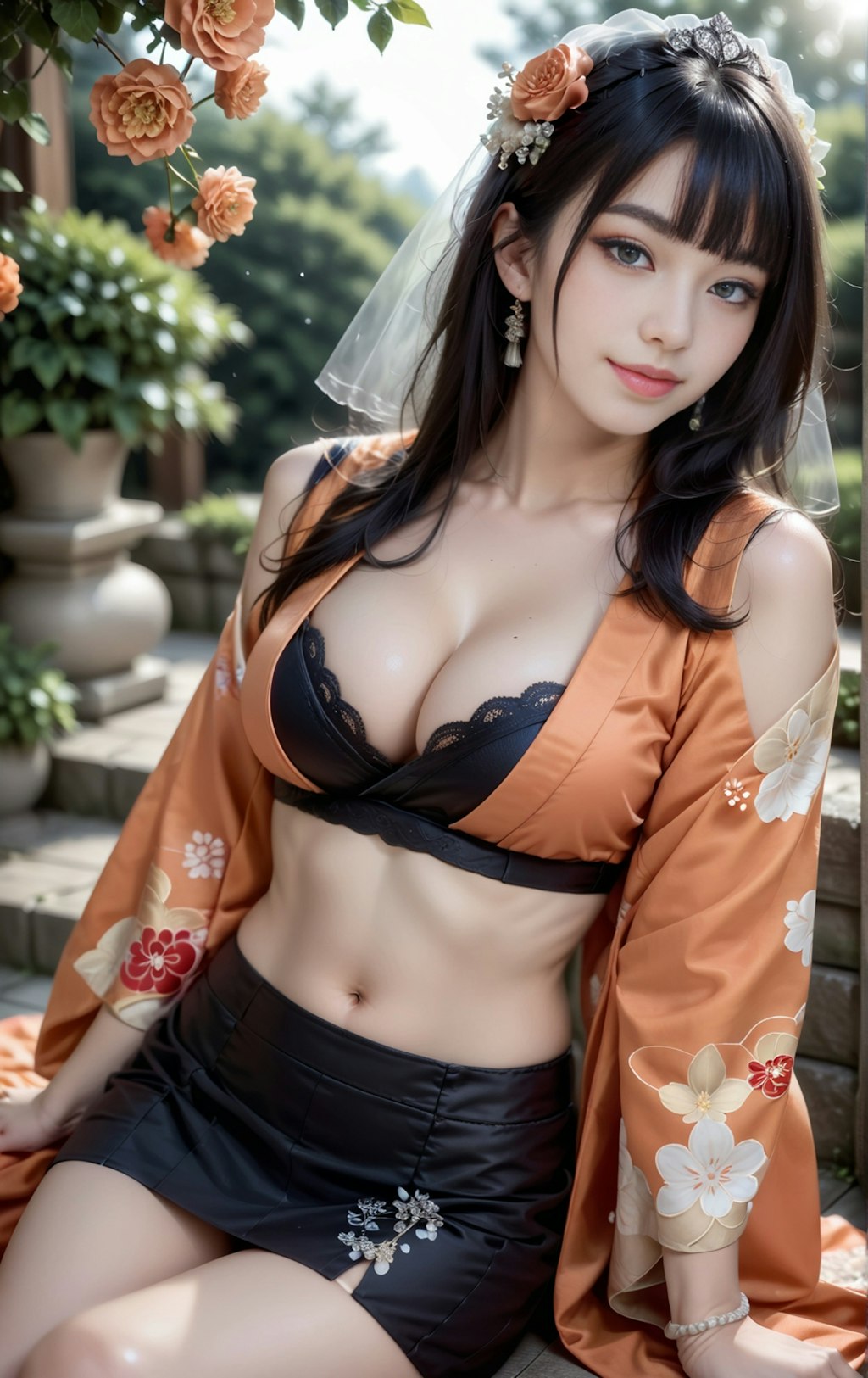 オレンジの着物美女