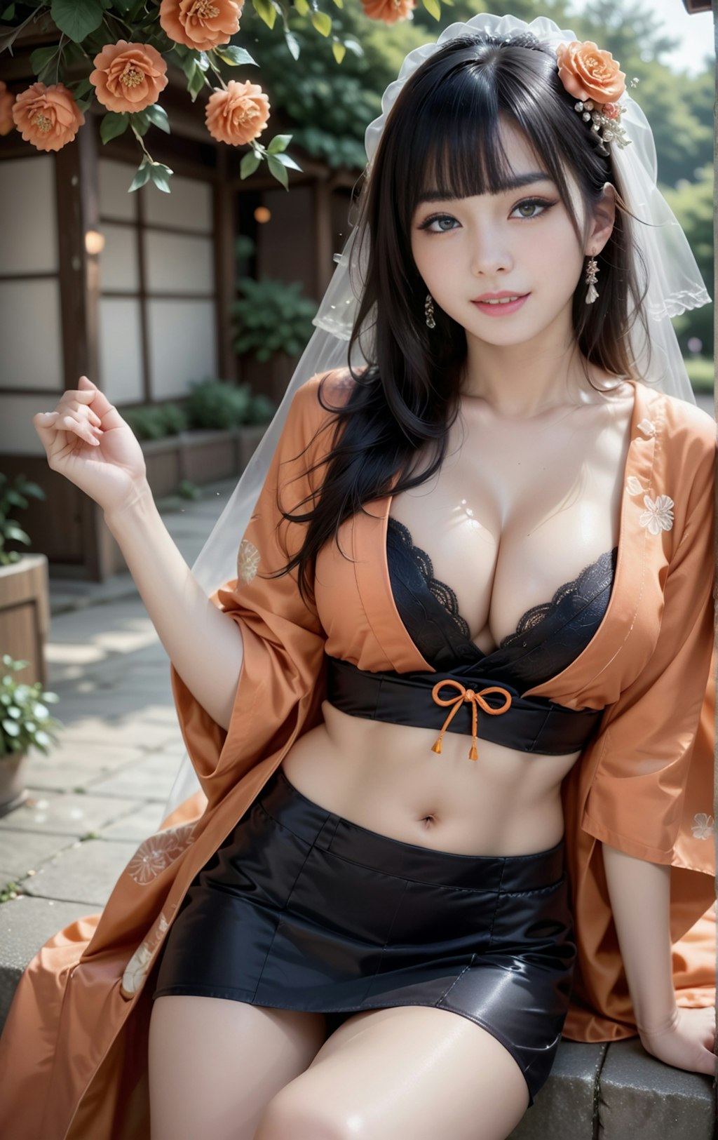 オレンジの着物美女