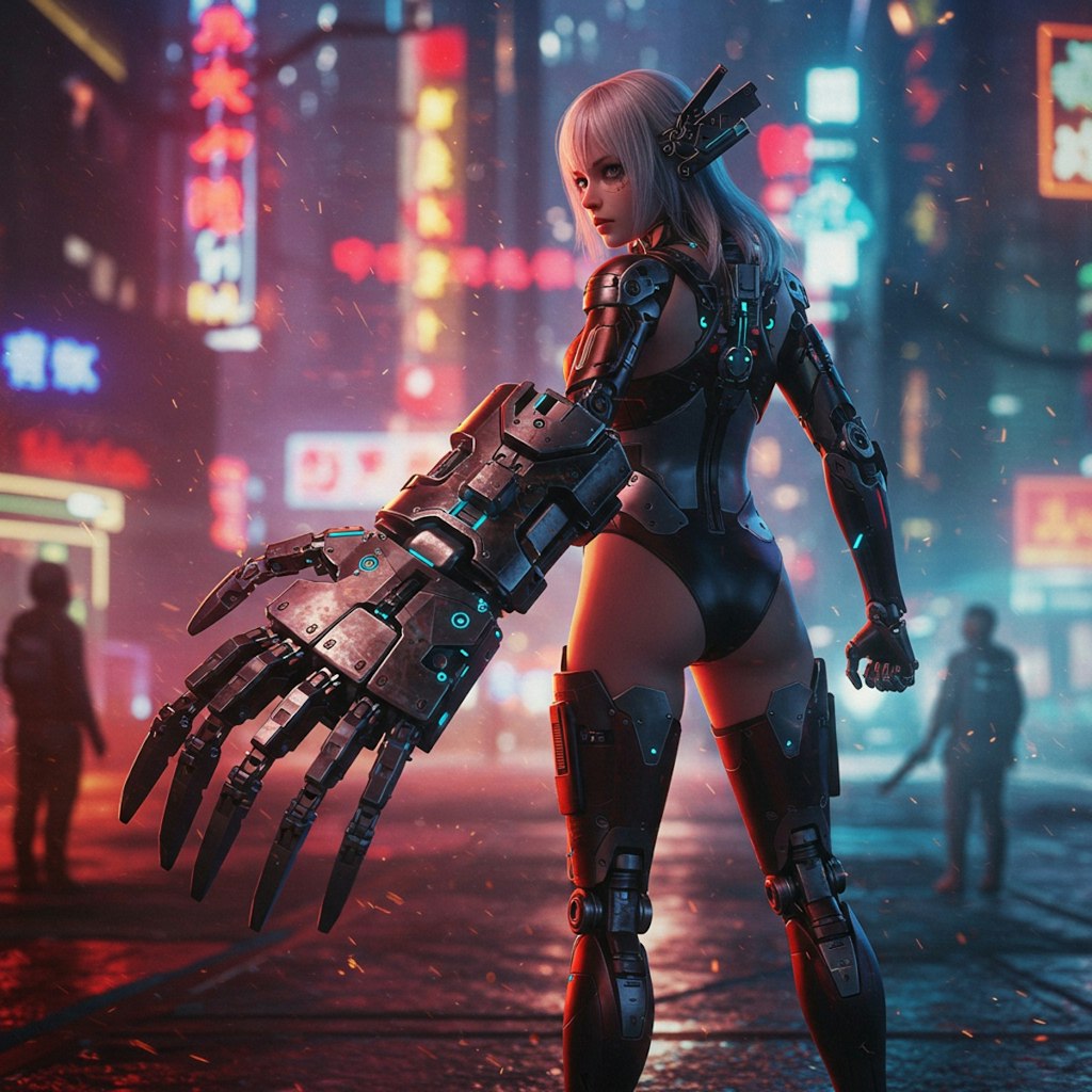 （フォト寄り？ゲームCG風）サイバーパンクなデカ腕っ娘♪