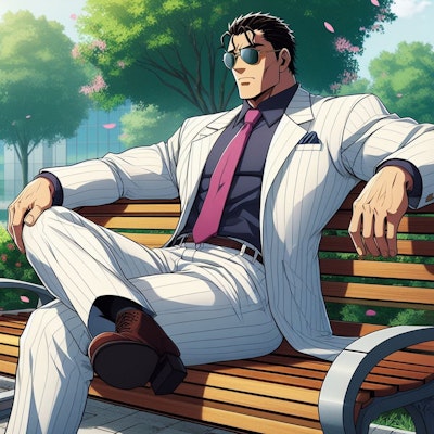 ベンチに座る屈強な男性
