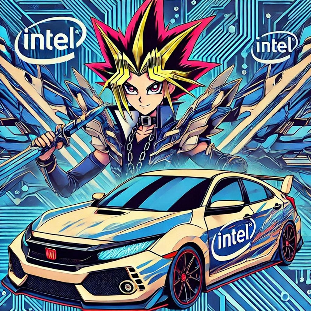 遊戯王のアニメのキャラとIntelカラーホンダシビックレーシングカー