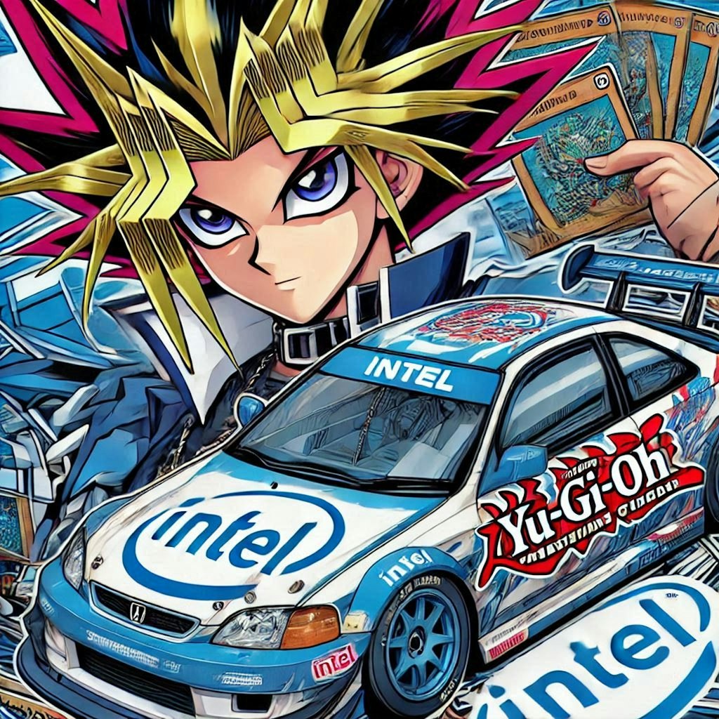 遊戯王のアニメのキャラとIntelカラーホンダシビックレーシングカー