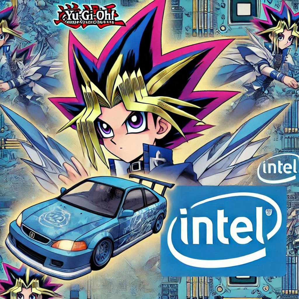 遊戯王のアニメのキャラとIntelカラーホンダシビックレーシングカー