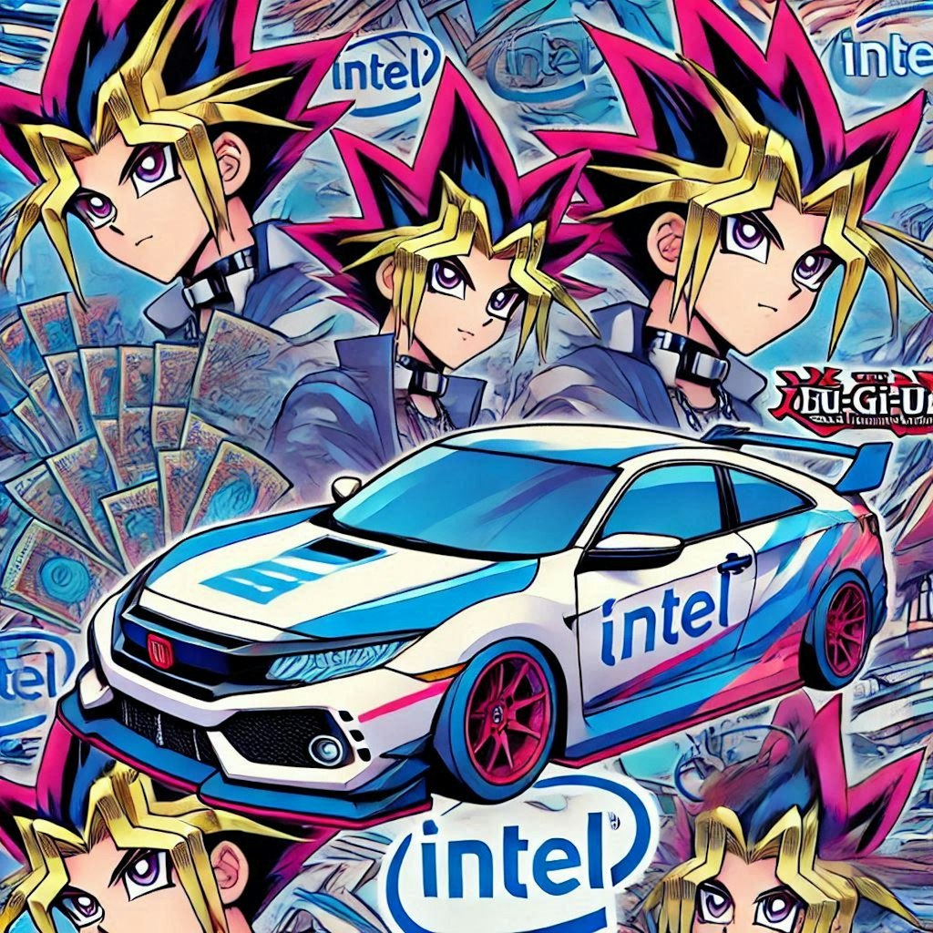 遊戯王のアニメのキャラとIntelカラーホンダシビックレーシングカー