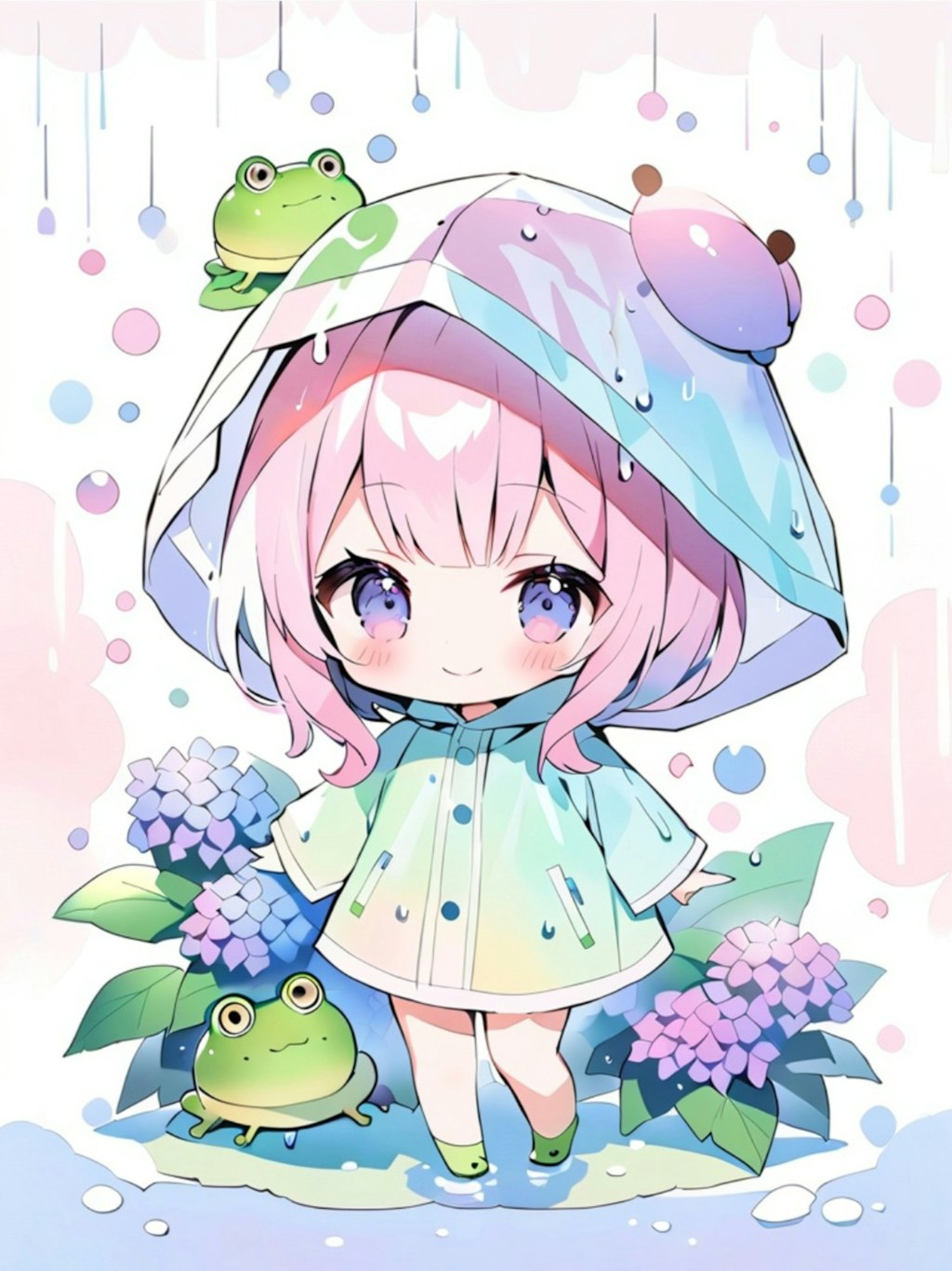 ピンク髪ちゃんと紫陽花と雨