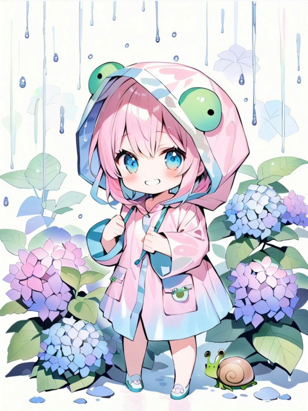 ピンク髪ちゃんと紫陽花と雨