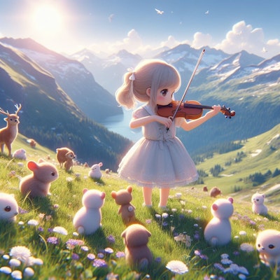 アルプスの山でバイオリンを弾く少女