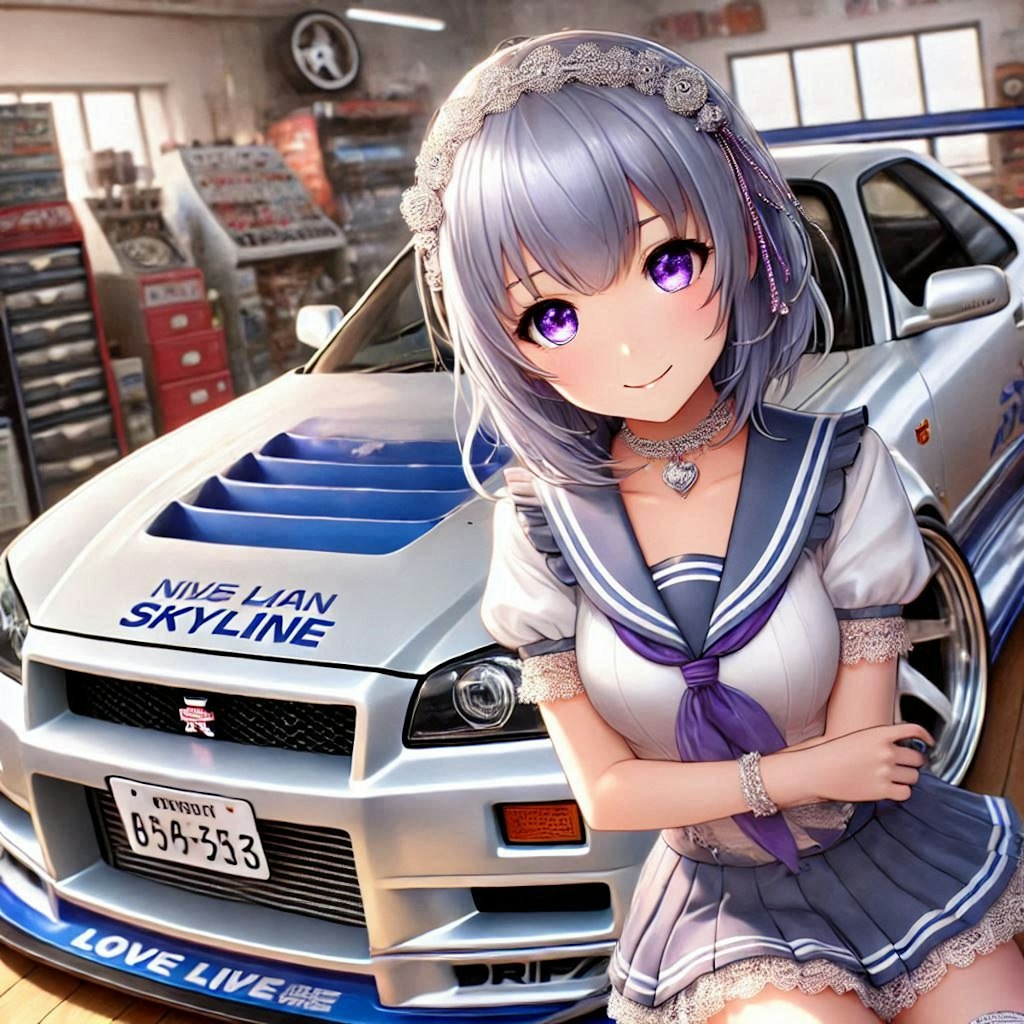 ラブライブキャラとシルバーメタリックR34GT-Rのドリ車