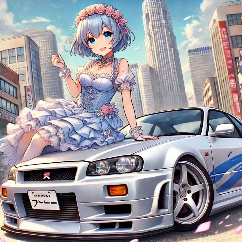 ラブライブキャラとシルバーメタリックR34GT-Rのドリ車