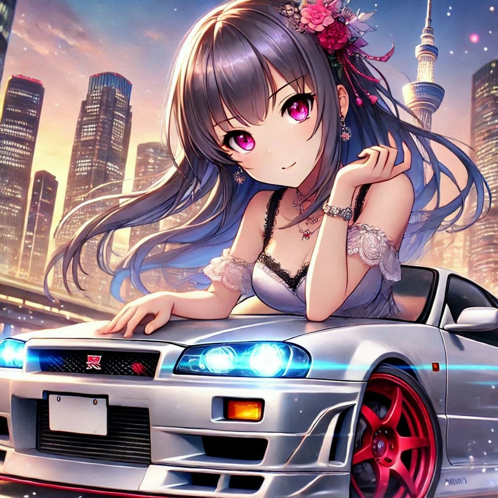 ラブライブキャラとシルバーメタリックR34GT-Rのドリ車