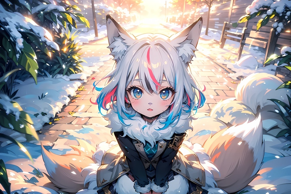 Twin-tailed little fox girl on a winter walk