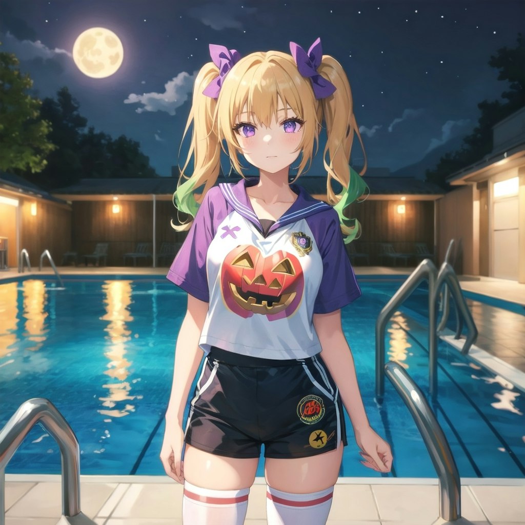 プールで一人ハロウィンの可愛い服を着てる女の子