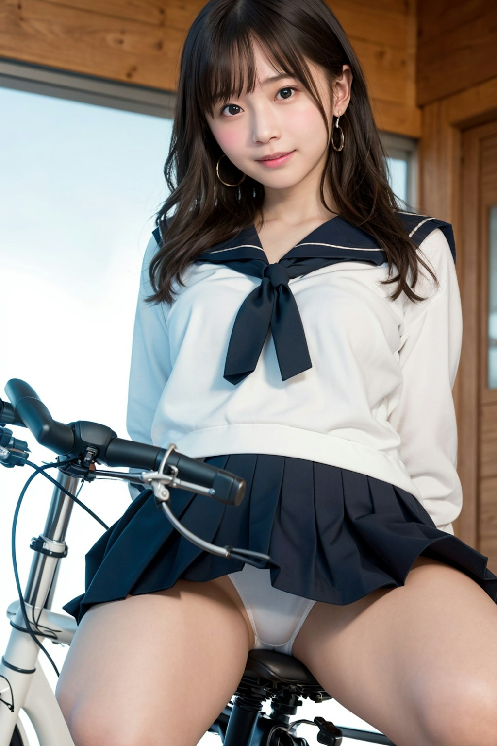 自転車のサドルに跨る女性 vol.9 セーラー服 / ロングヘアー