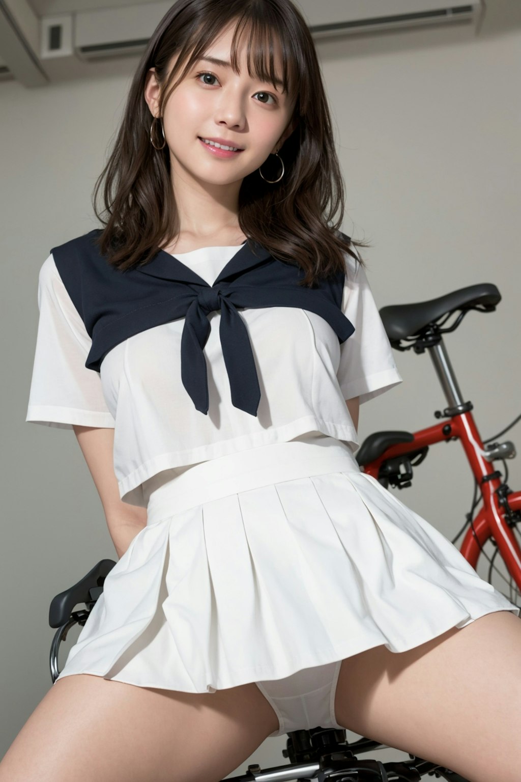 自転車のサドルに跨る女性 vol.9 セーラー服 / ロングヘアー