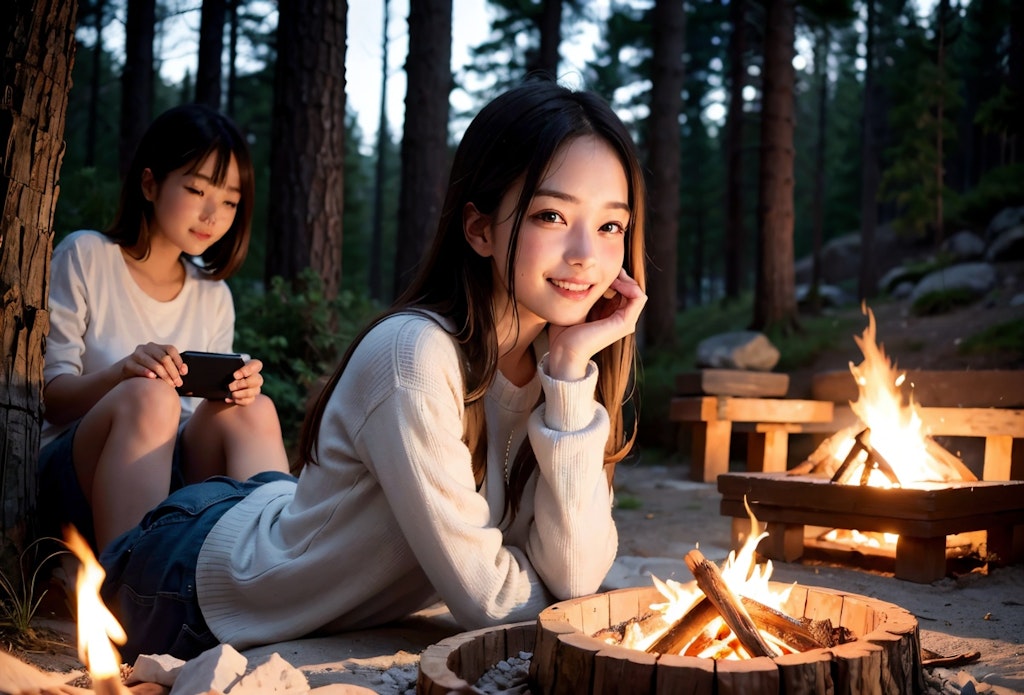 焚き火と女子高生