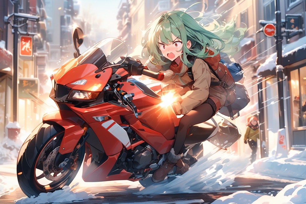 バイクと雪滑りと女の子