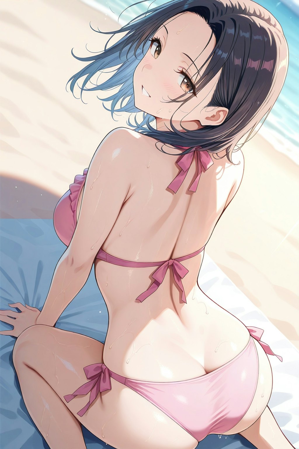 ミディアムヘアのピンクビキニ美女