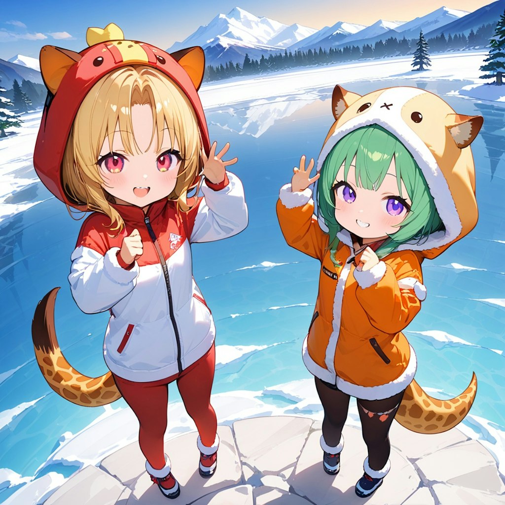 雪と湖とキリン着ぐるみちび子ちゃん