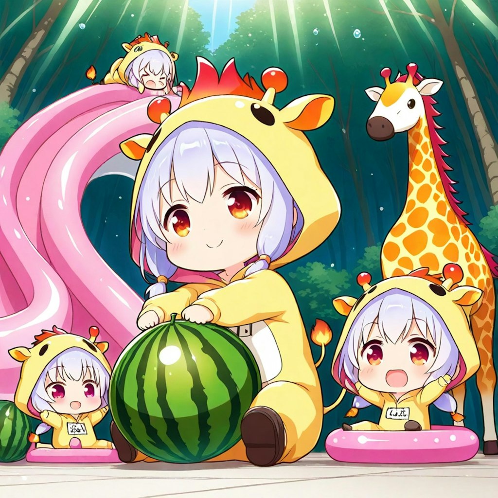 浮き輪とキリン着ぐるみちび子ちゃん