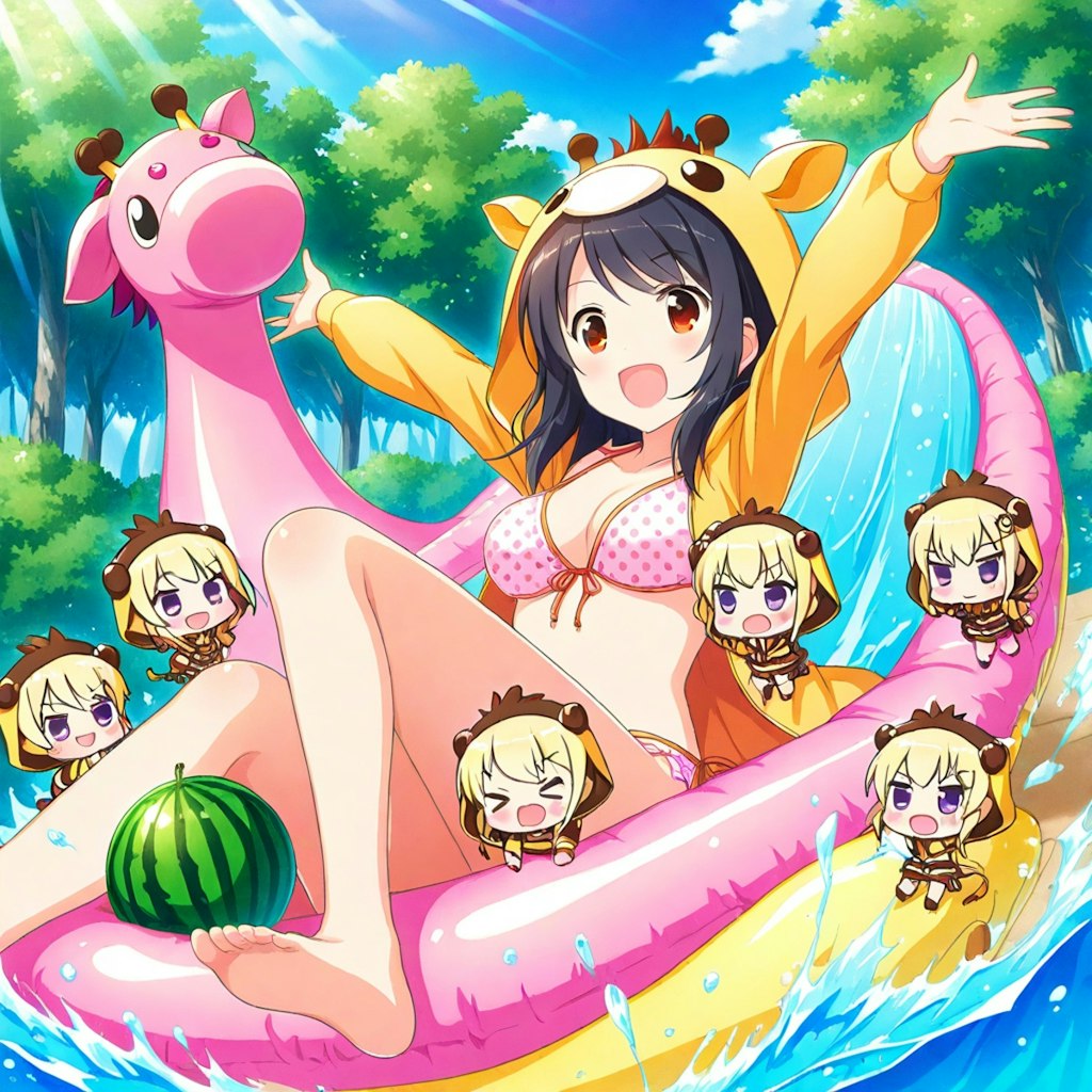 浮き輪とキリン着ぐるみちび子ちゃん