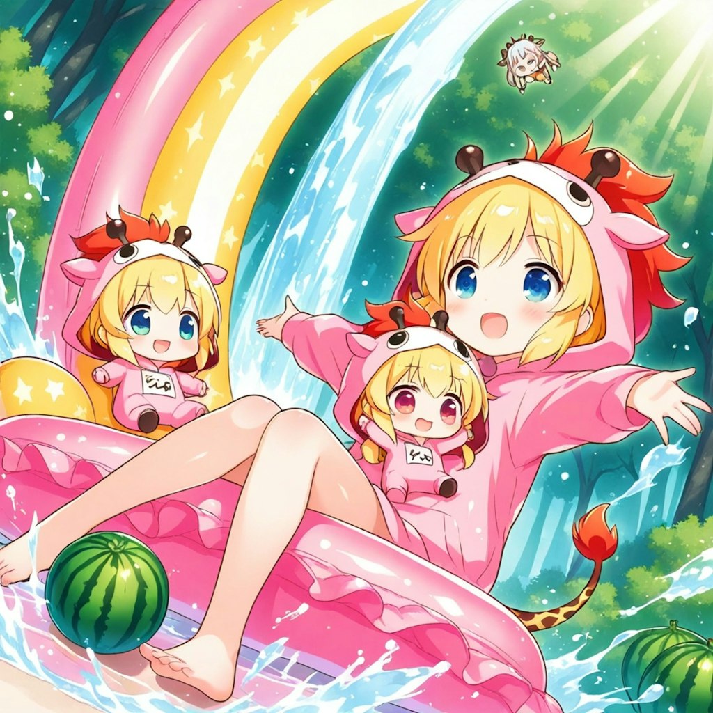 浮き輪とキリン着ぐるみちび子ちゃん