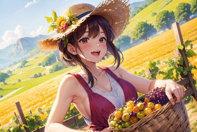 ブドウの収穫をする少女