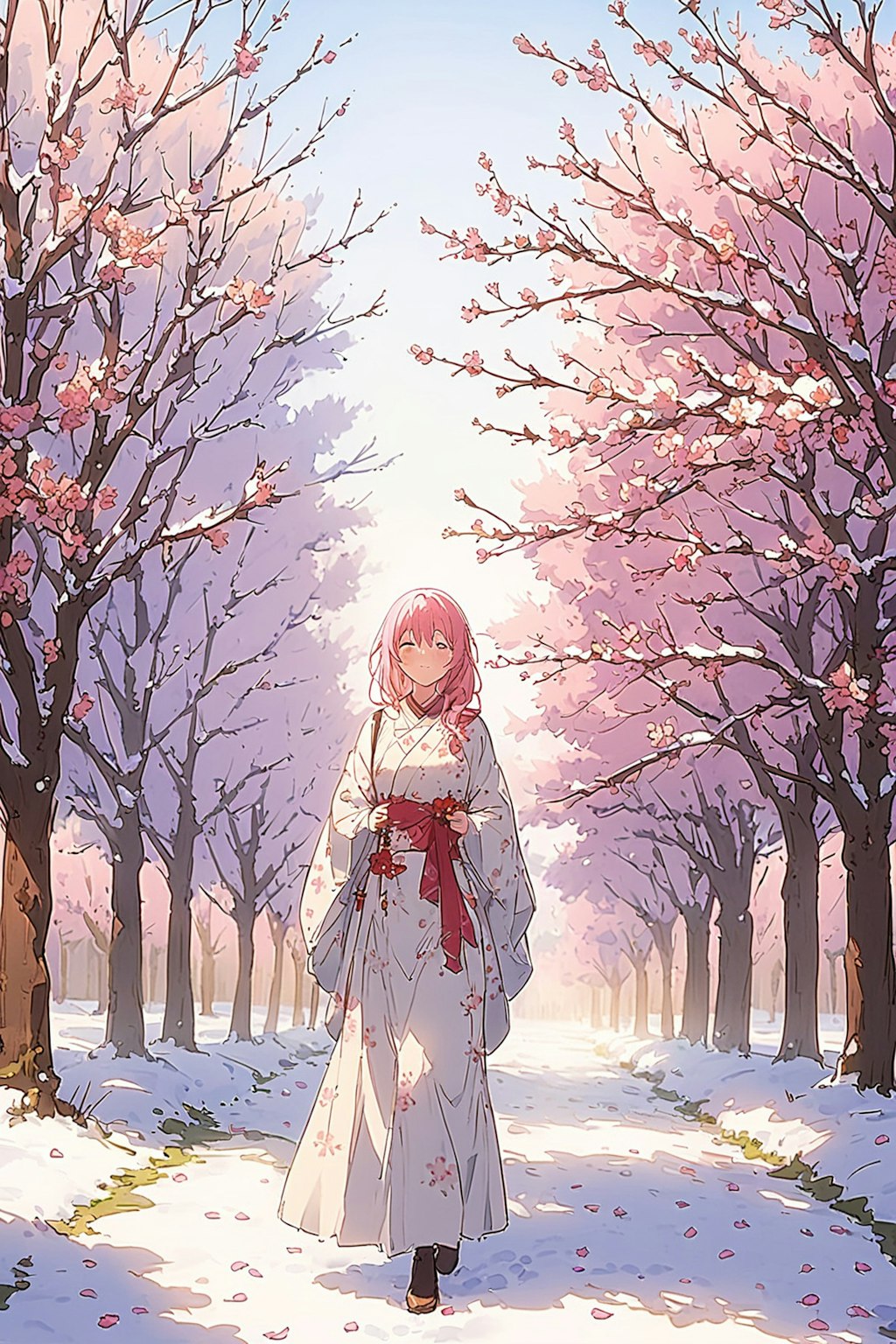 雪景色の中に桜の木が佇む