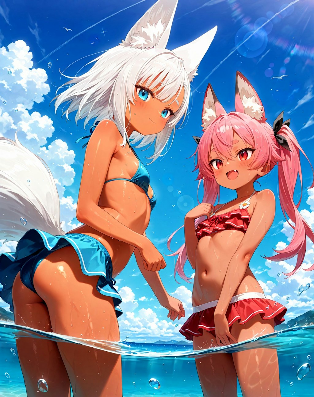 海と水着と狐娘達