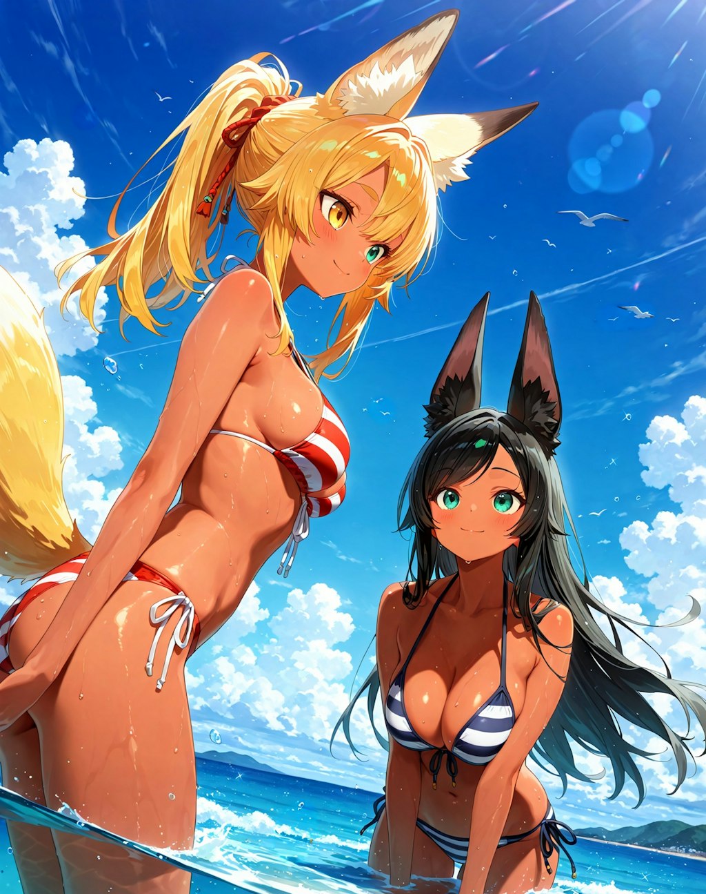 海と水着と狐娘達