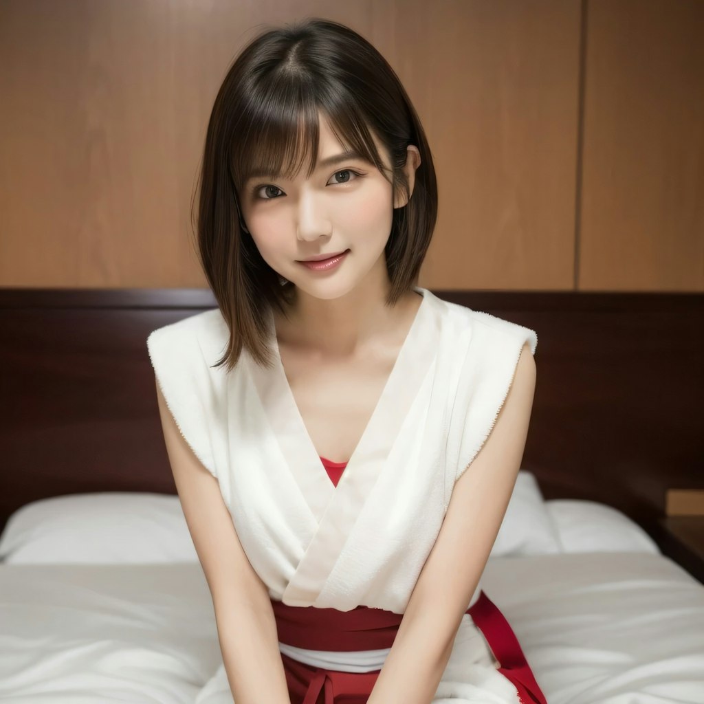 黒髪ボブで巫女服の美女