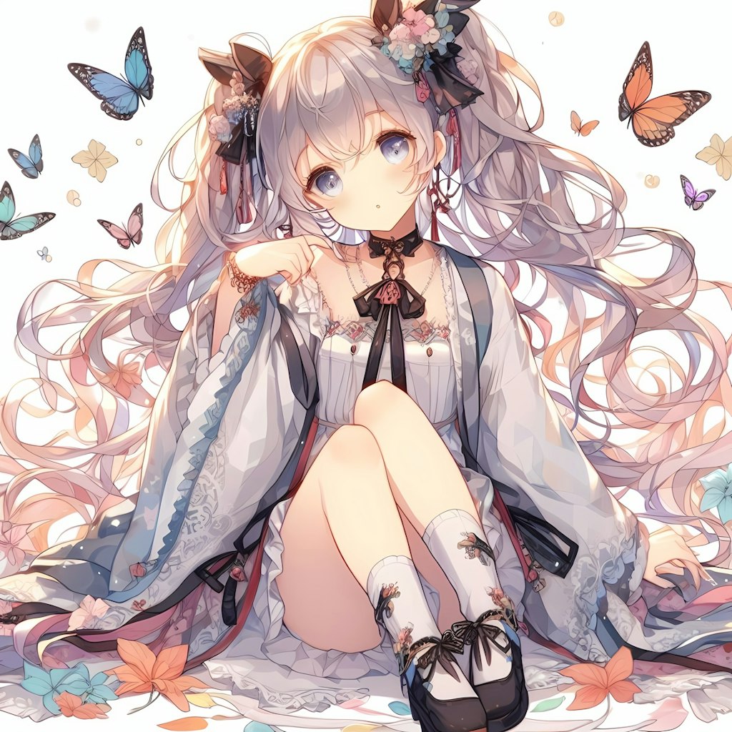 蝶と花に囲まれた美少女