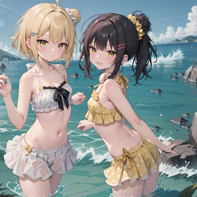 Two beautiful girls in polka dot swimsuits