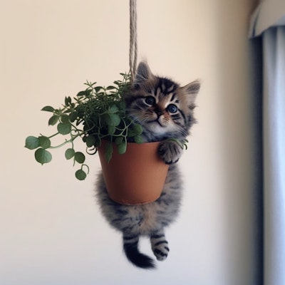 吊るされた鉢植えと猫