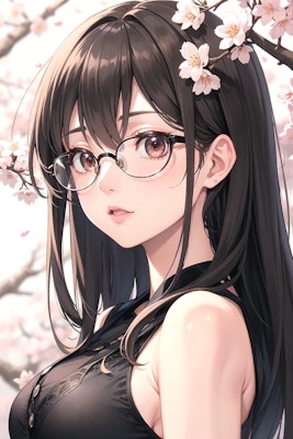 桜とメガネ美女