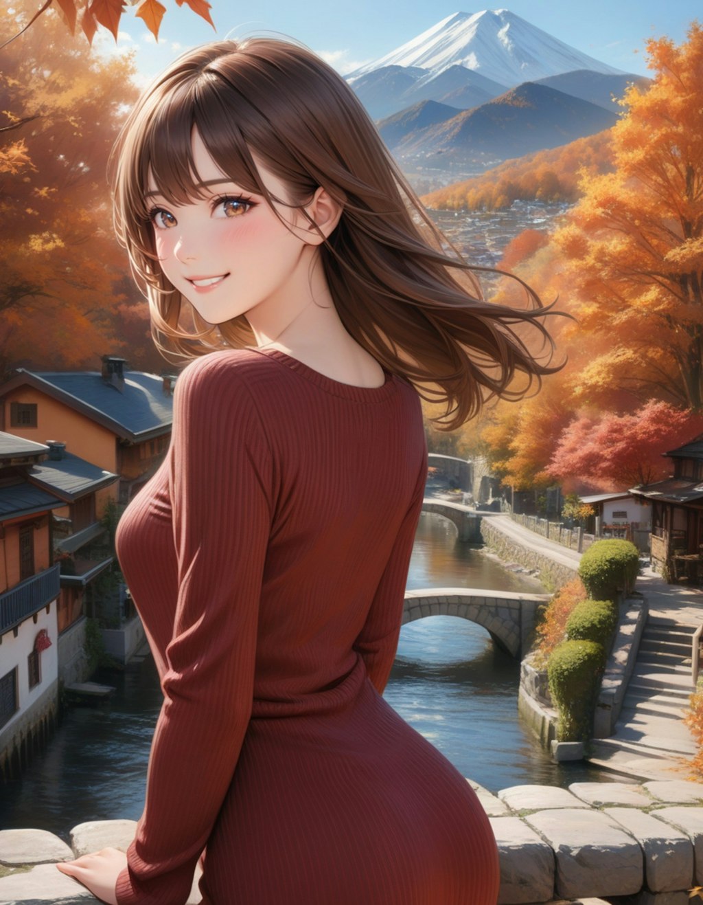 ニットワンピースと紅葉の街