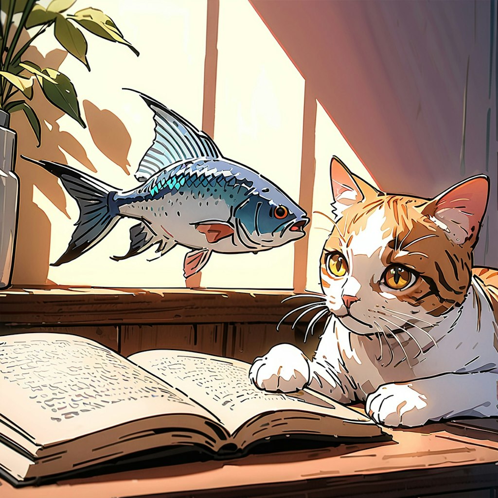 魚の勉強をする猫