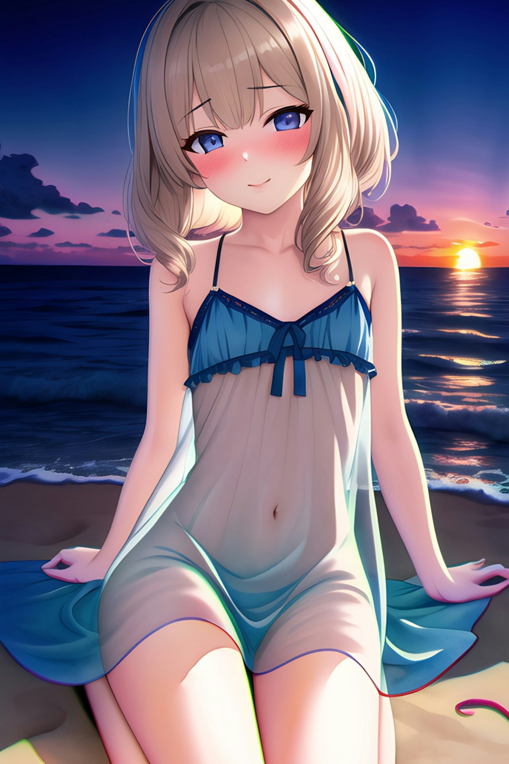 海と夕日と女の子