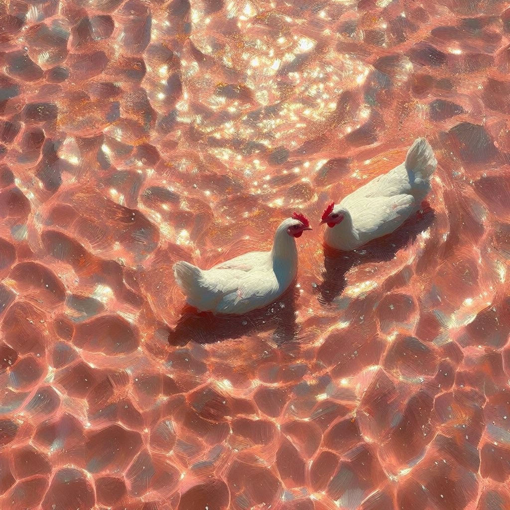 Hens in pink water