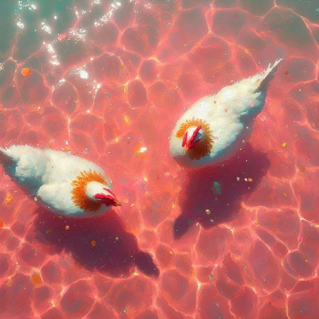 Hens in pink water