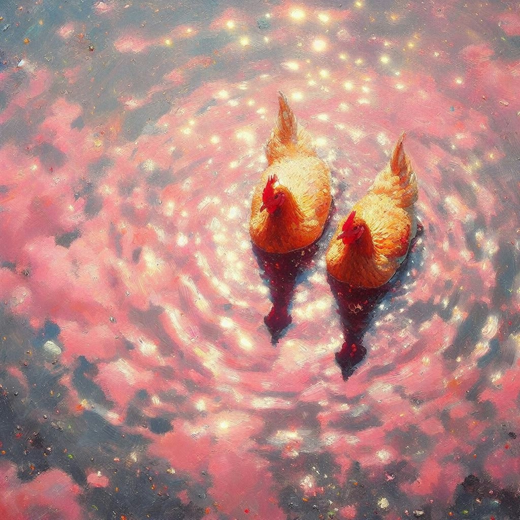 Hens in pink water