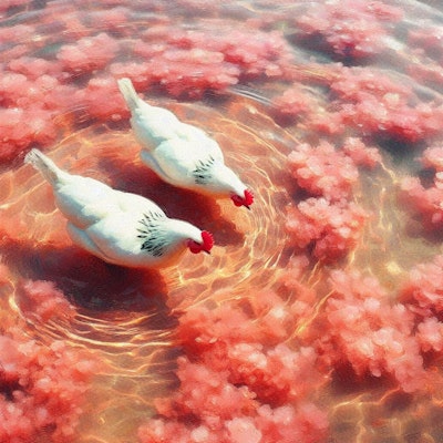 Hens in pink water