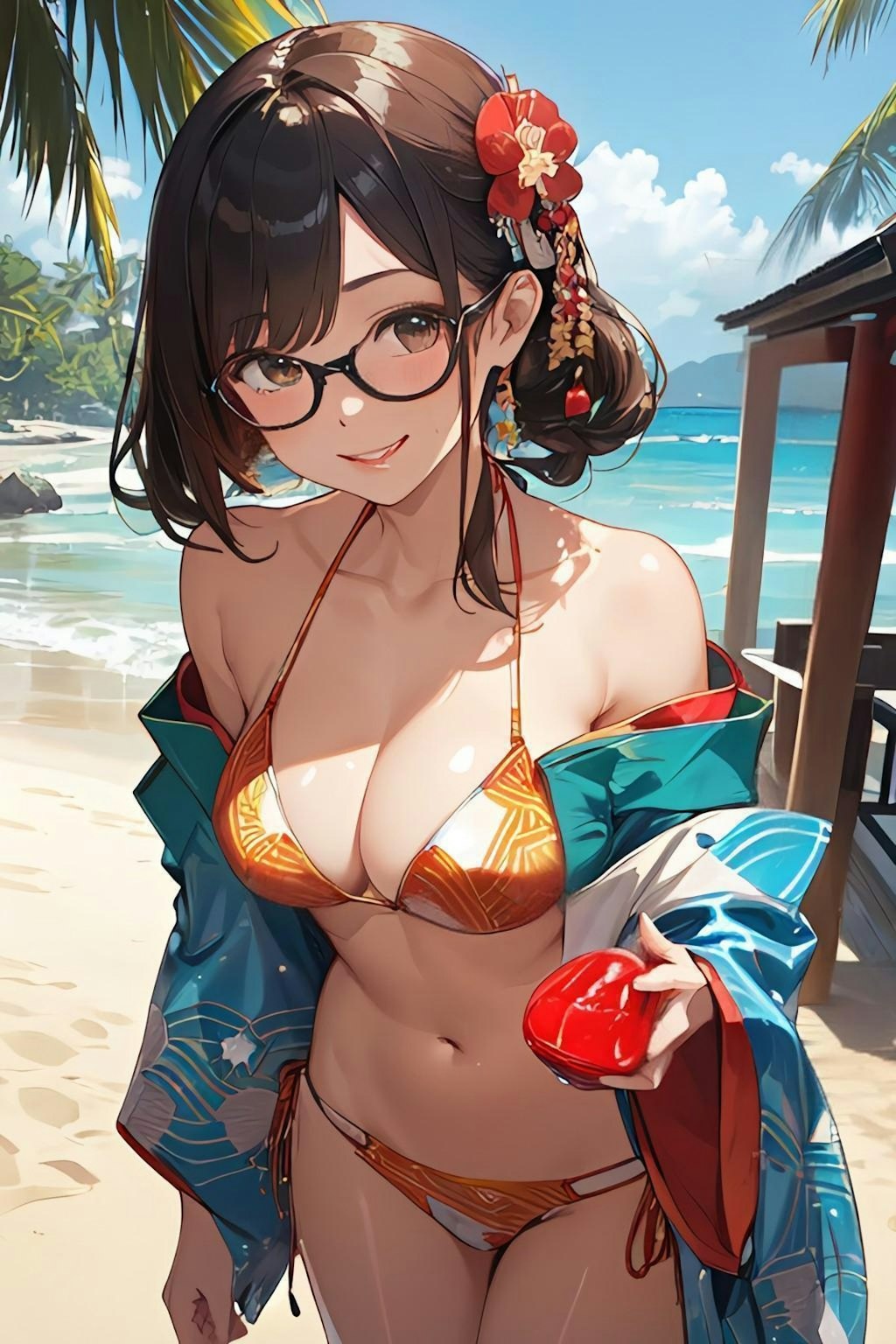 和柄ビキニのお姉さん👘👙