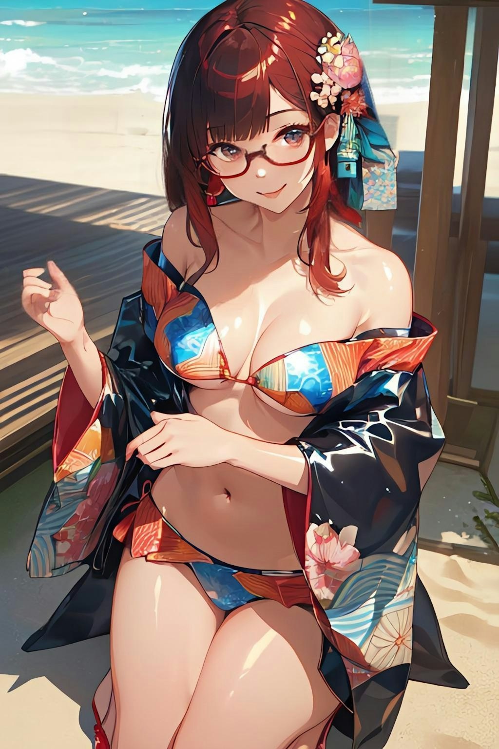 和柄ビキニのお姉さん👘👙