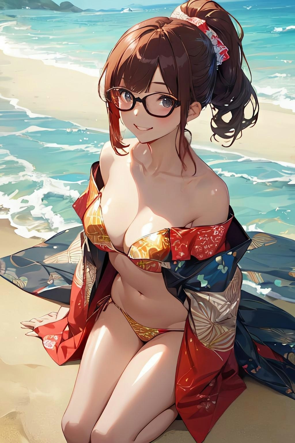 和柄ビキニのお姉さん👘👙