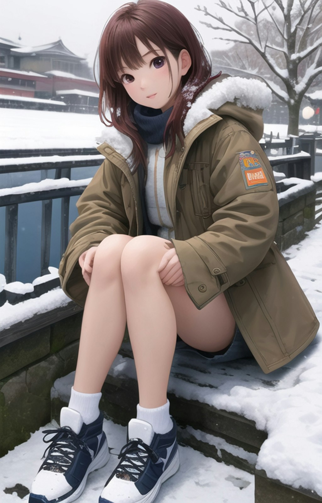 雪の中座るJK