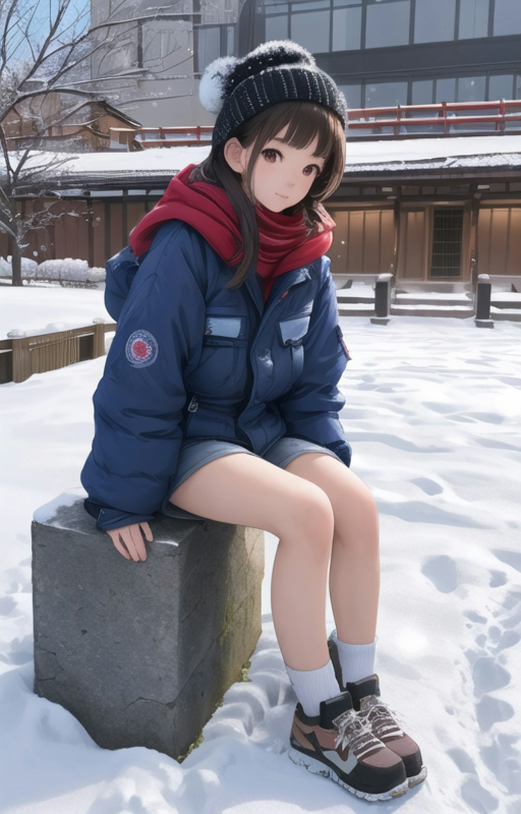 雪の中座るJK