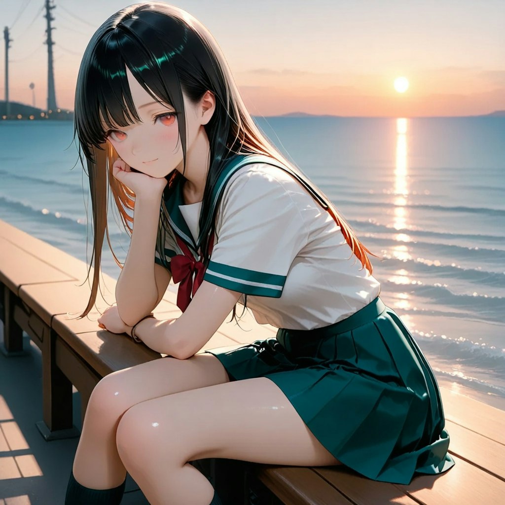 夏服女子高生　夕暮れの海